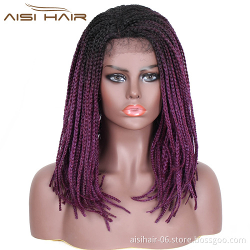 Aisi Hair Synthetic Braids Box Braids Lace Front Wig Long Straight Ombre Purple Glueless Lace Front Wigs For Black Women